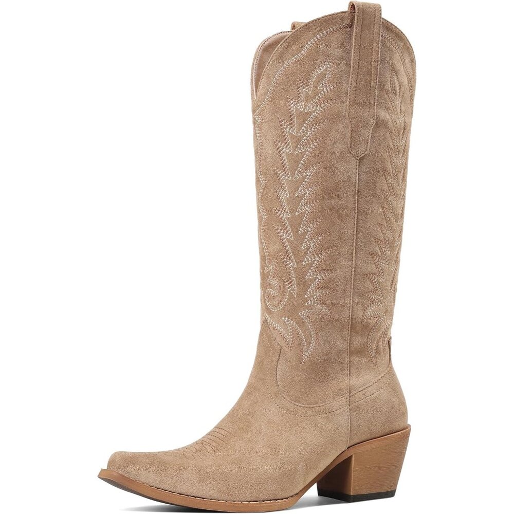 Women's Camel Western Knee High Pointed Toe Chunky Heel Cowgirl Tall Boots